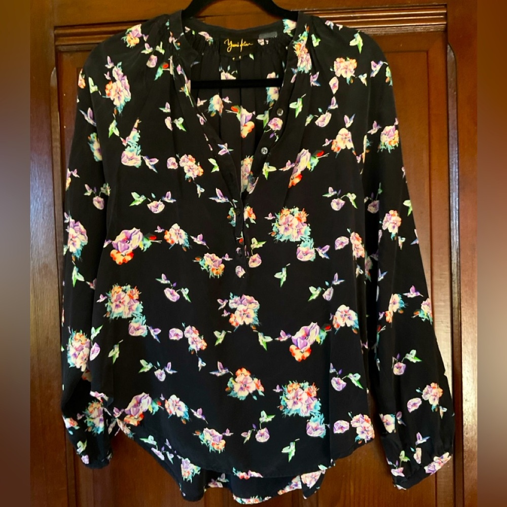 Yumi Kim Black Dark Floral silk Blouse S